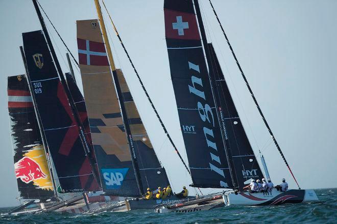 The fleet of nine hydro-foiling GC32 catamarans competed in six races on the final day in Muscat, Oman - Extreme Sailing Series © Lloyd Images http://lloydimagesgallery.photoshelter.com/